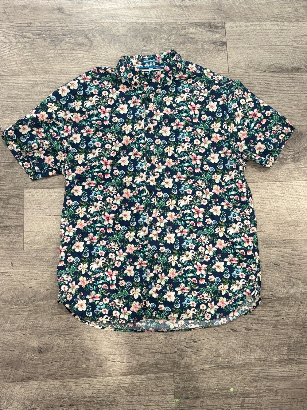 Denim & Flower Ricky Singh Men's Blue Floral 100 Cotton Short Sleeve Shirt L